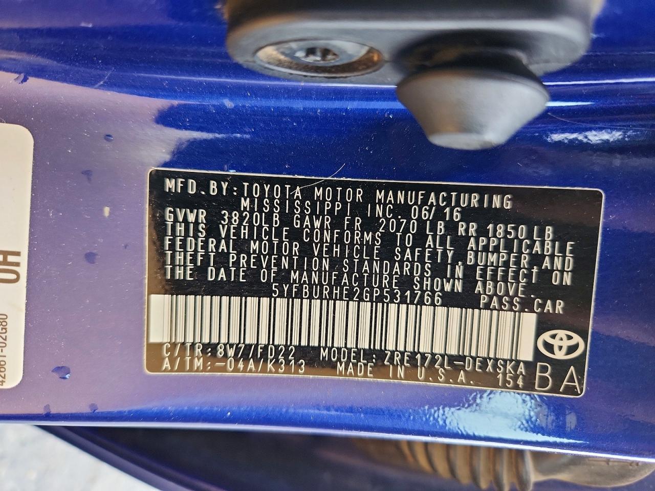 2016 TOYOTA COROLLA