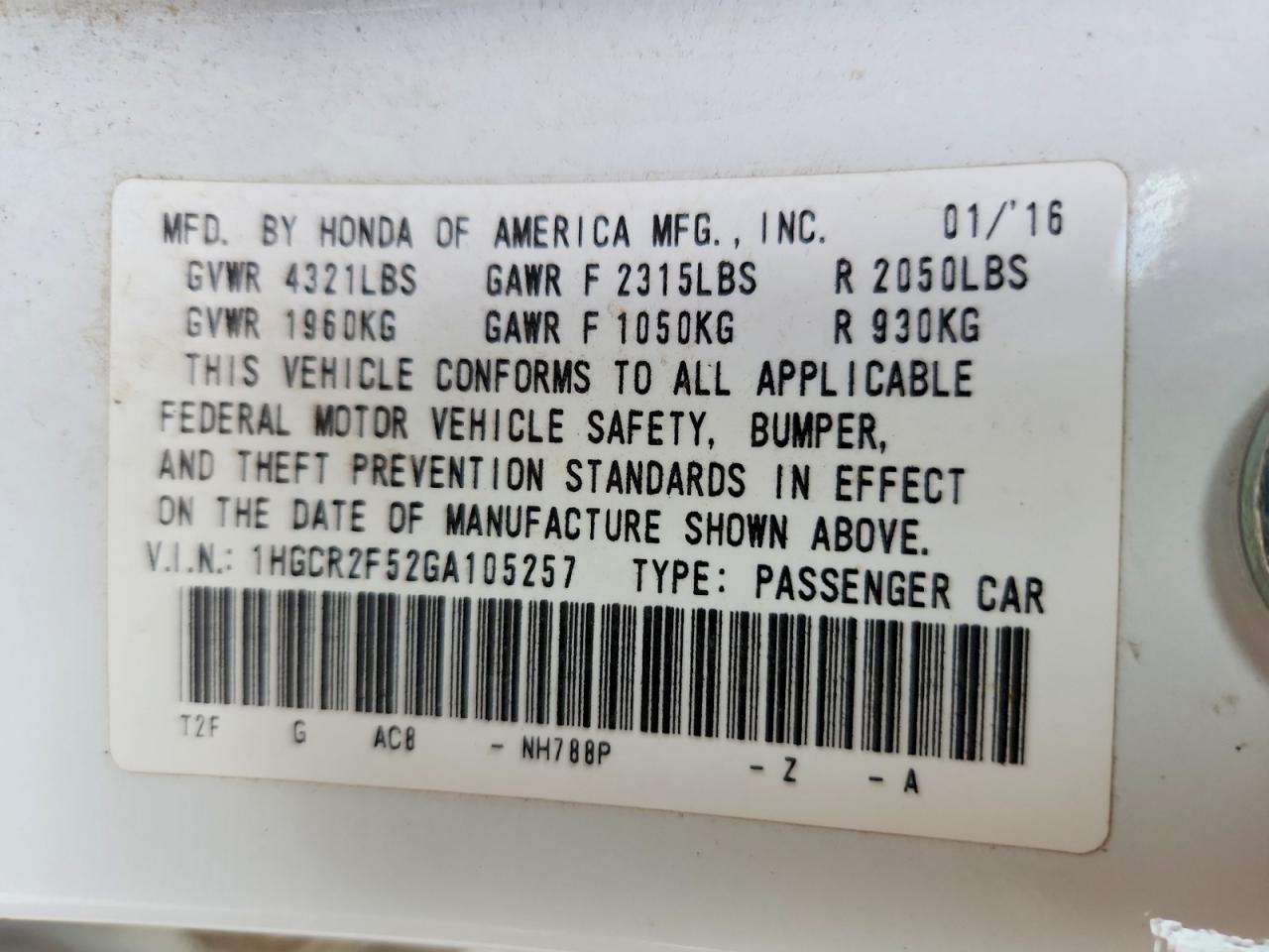 2016 HONDA ACCORD