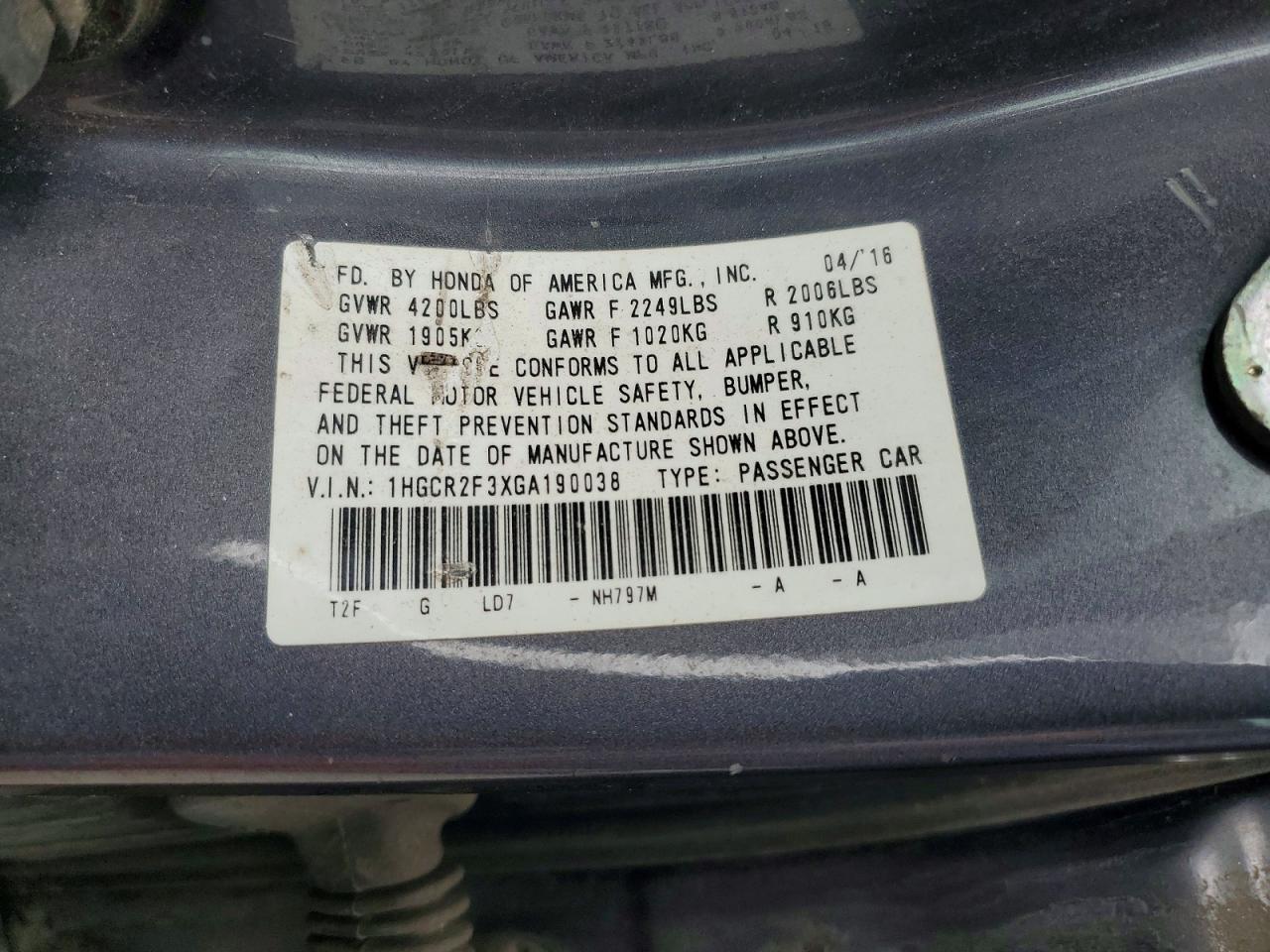 2016 HONDA ACCORD