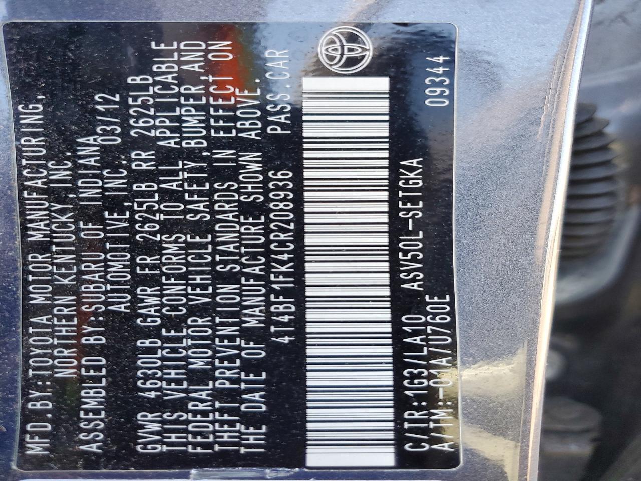 2012 TOYOTA CAMRY