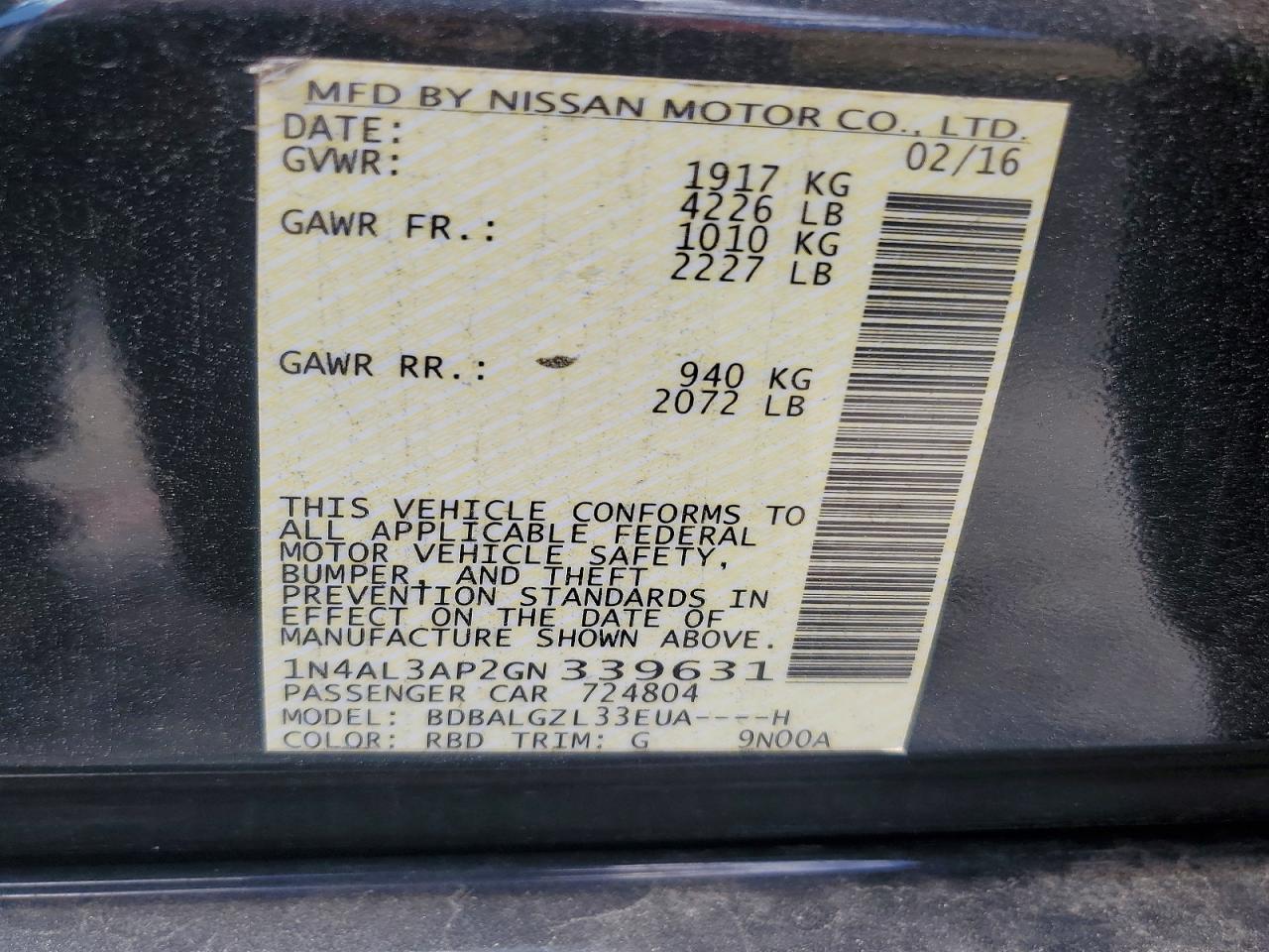 2016 NISSAN ALTIMA