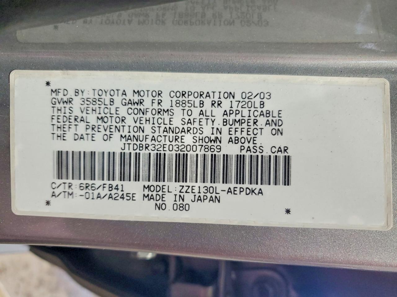2003 TOYOTA COROLLA