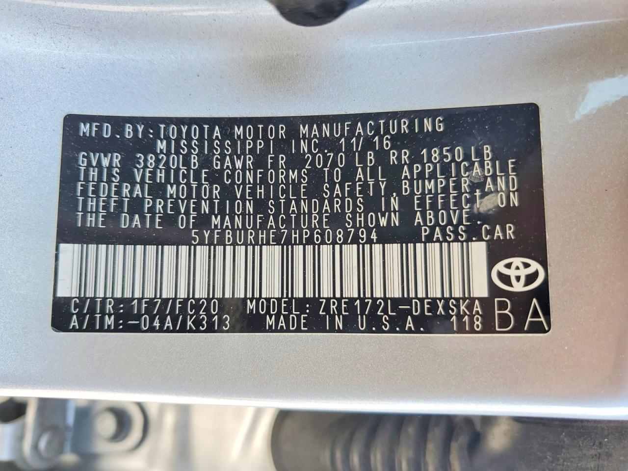 2017 TOYOTA COROLLA