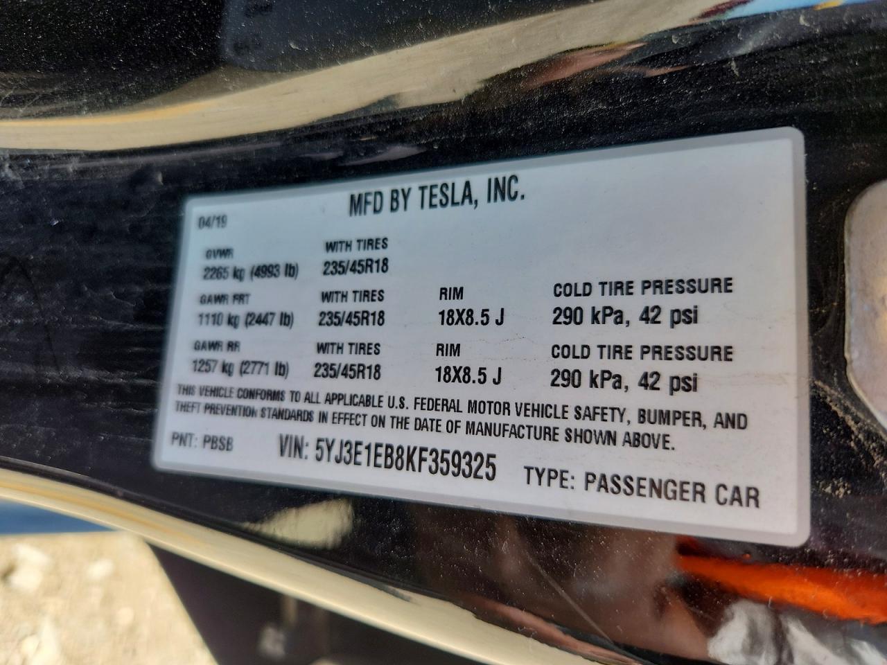 2019 TESLA MODEL 3