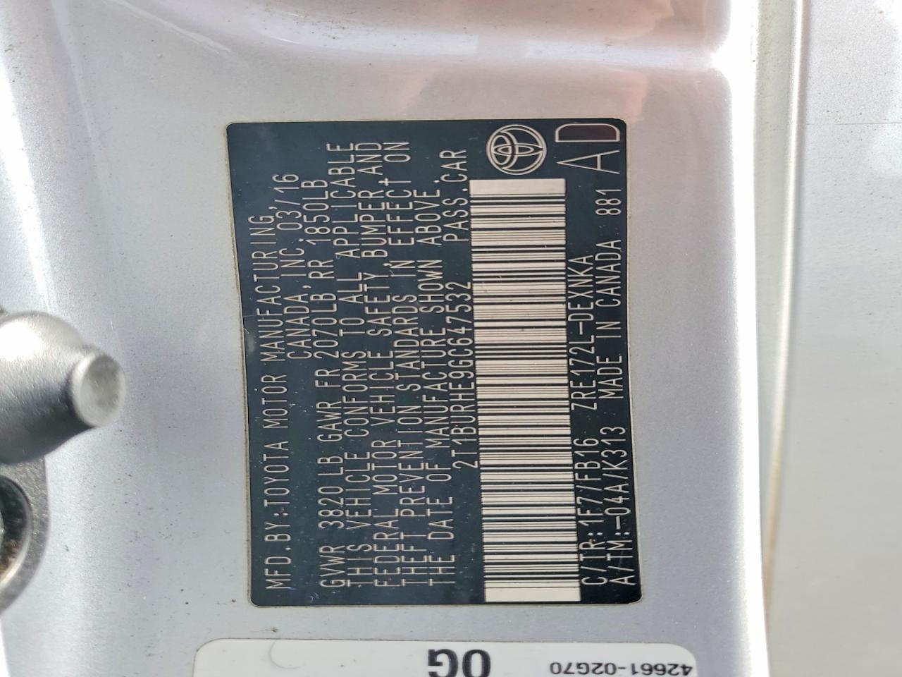 2016 TOYOTA COROLLA
