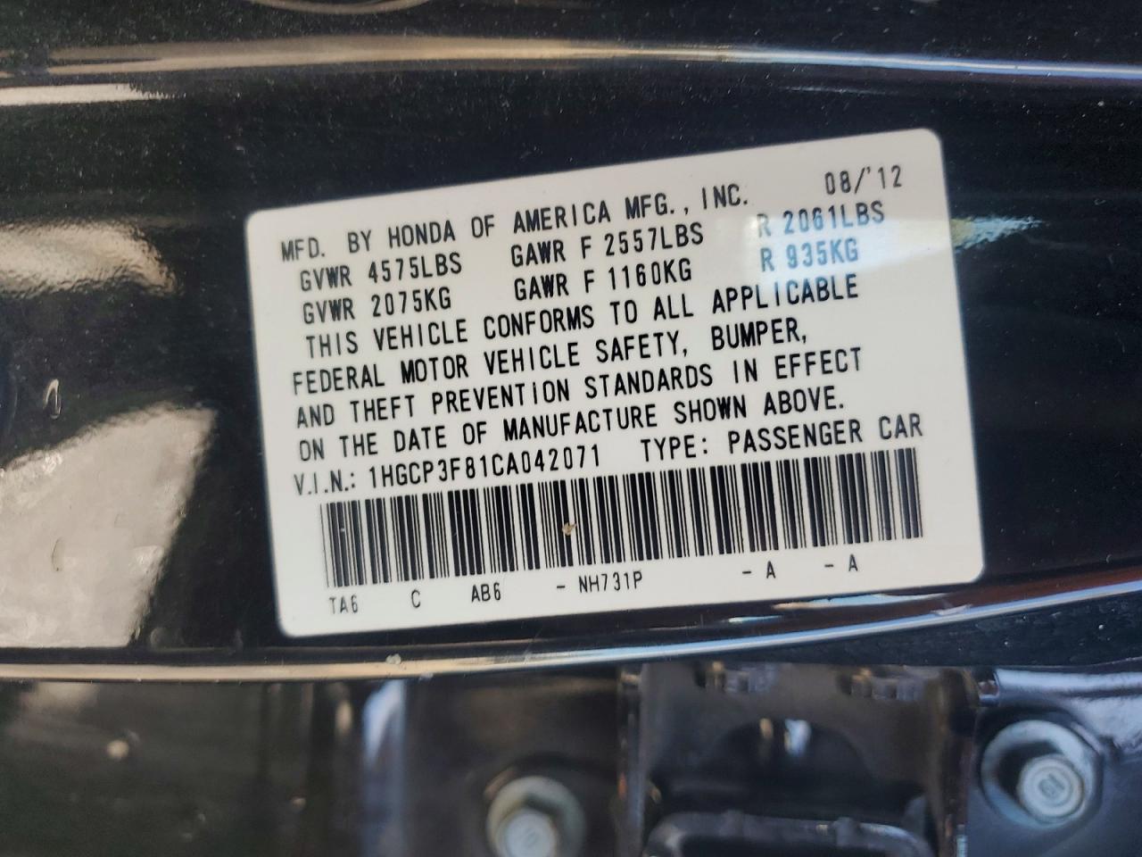 2012 HONDA ACCORD