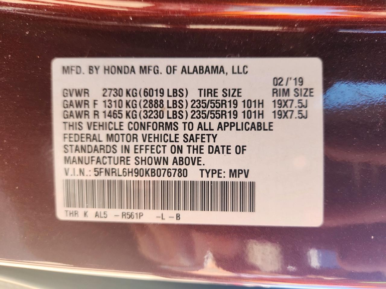 2019 HONDA ODYSSEY