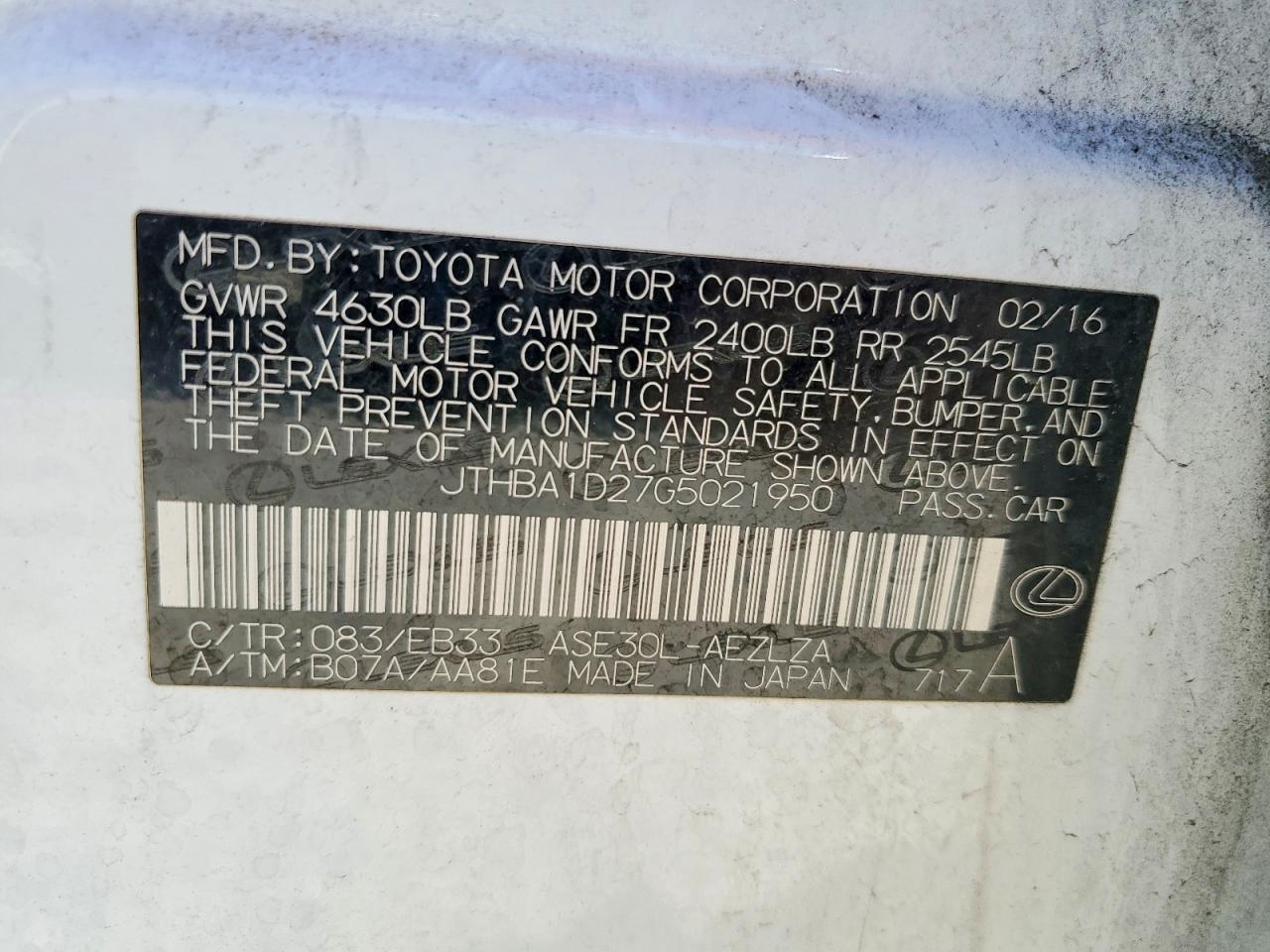2016 LEXUS IS 200t