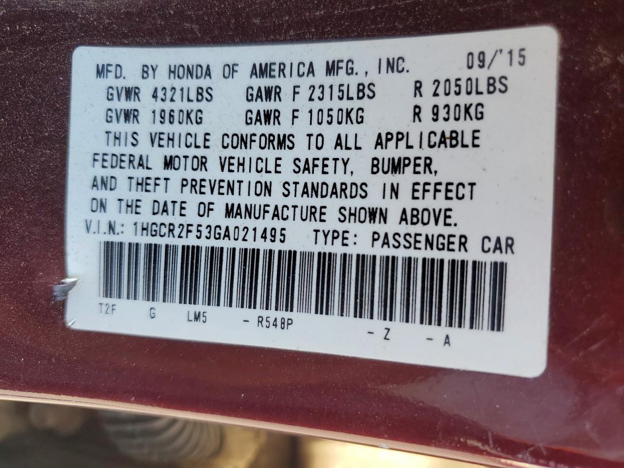 2016 HONDA ACCORD