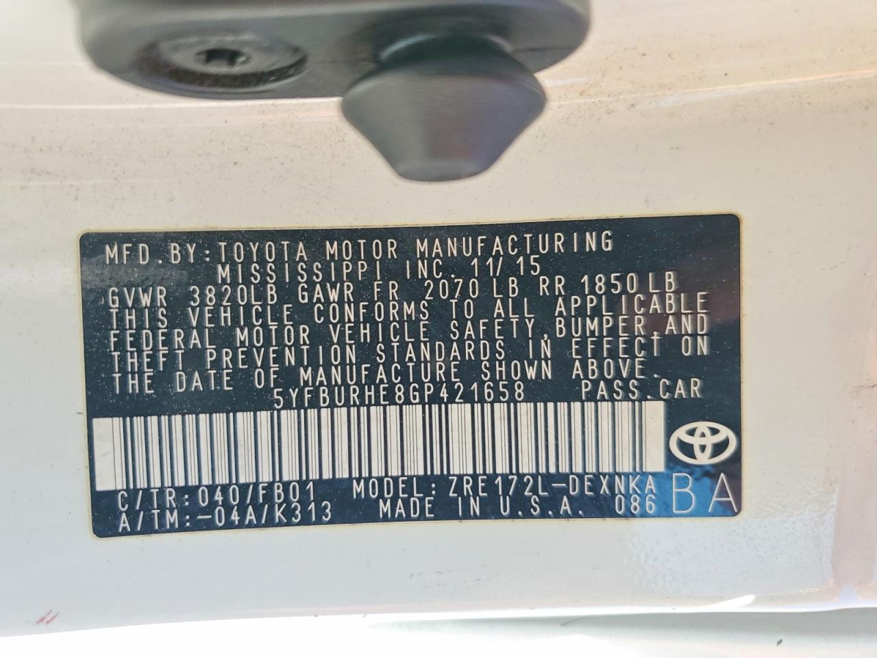 2016 TOYOTA COROLLA
