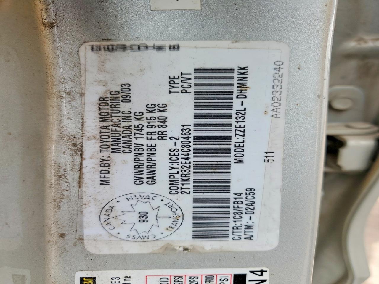 2004 TOYOTA COROLLA