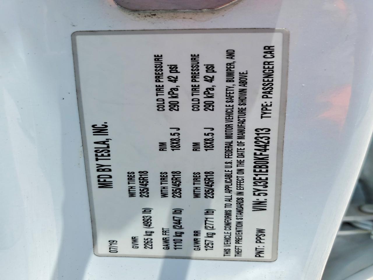 2019 TESLA MODEL 3