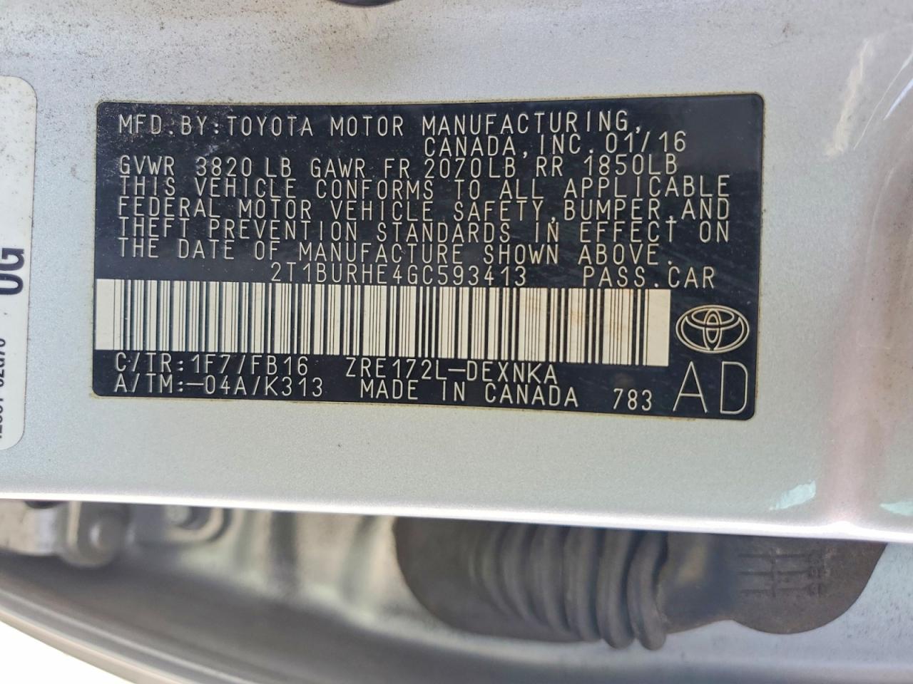 2016 TOYOTA COROLLA