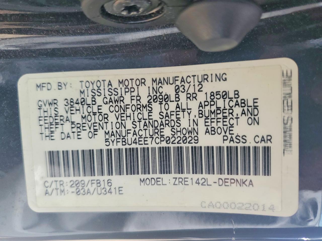 2012 TOYOTA COROLLA