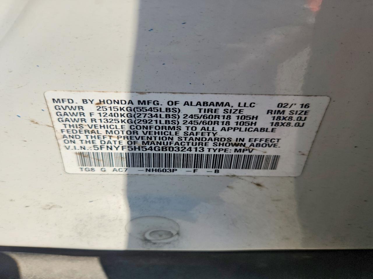 2016 HONDA PILOT