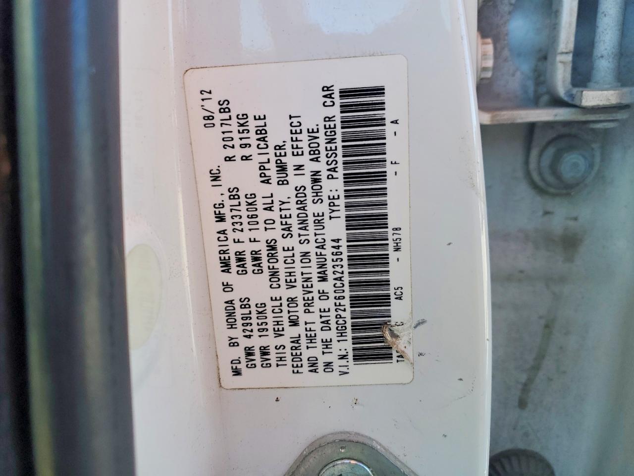 2012 HONDA ACCORD