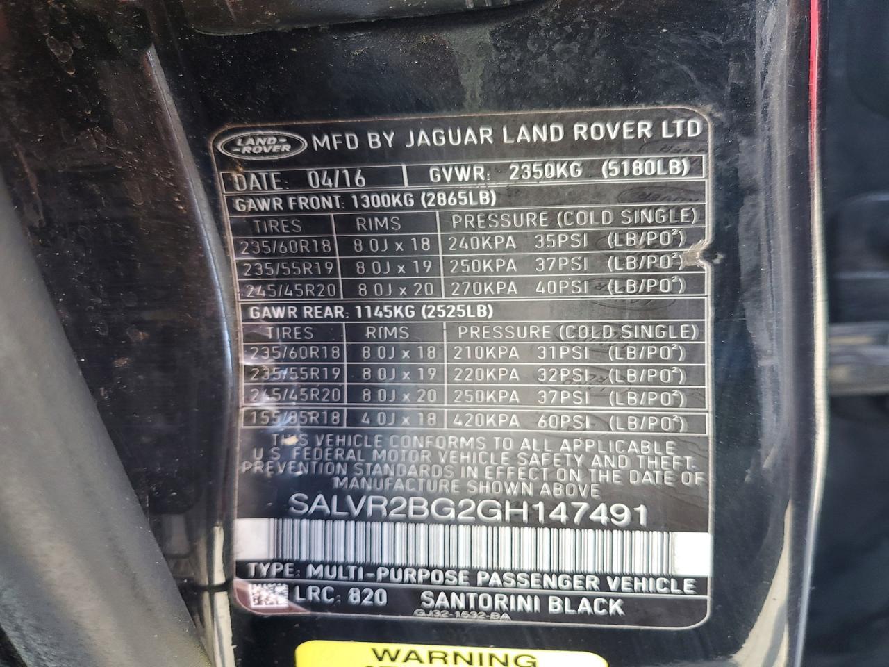 2016 LAND ROVER RANGE ROVER EVOQUE