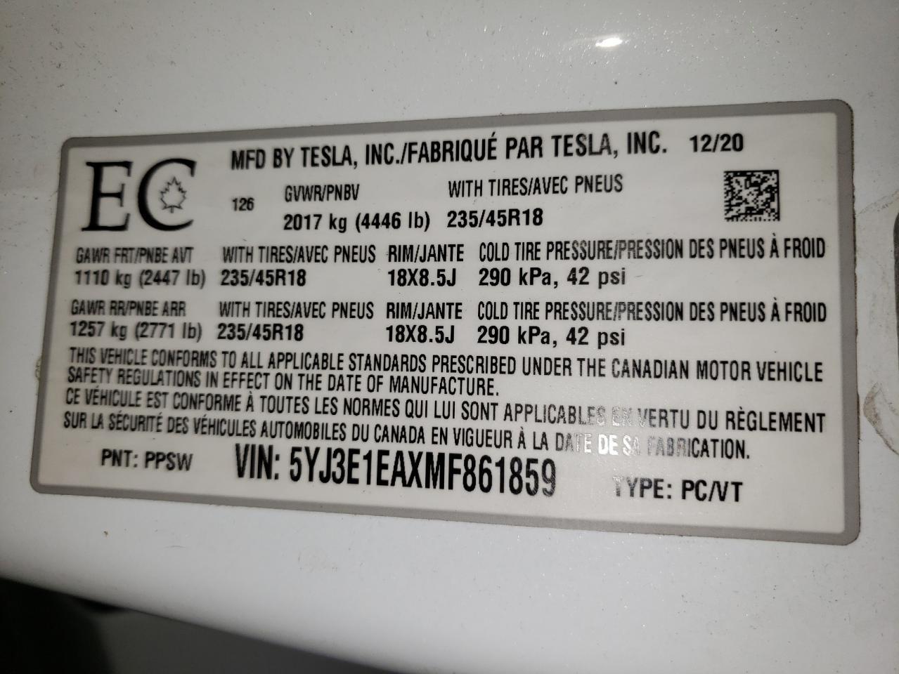2021 TESLA MODEL 3