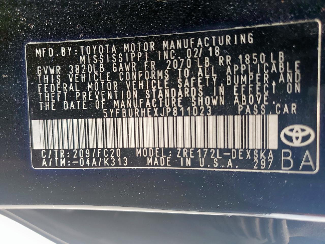 2018 TOYOTA COROLLA
