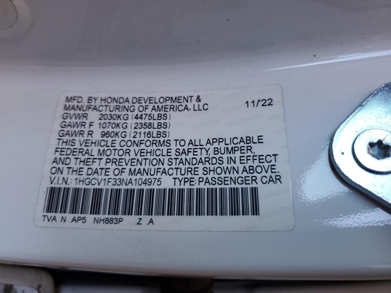 2022 HONDA ACCORD