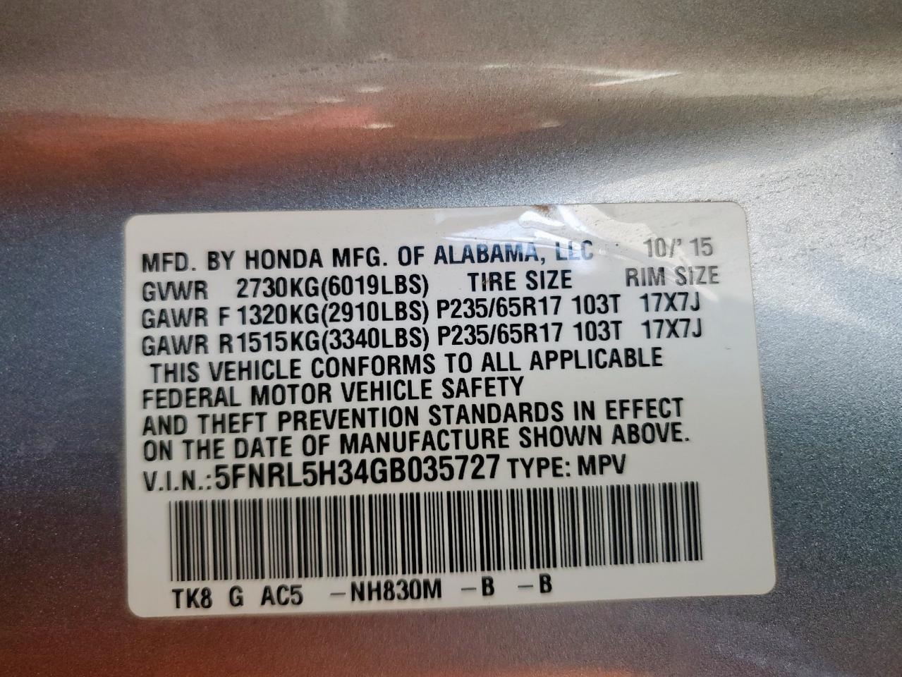 2016 HONDA ODYSSEY