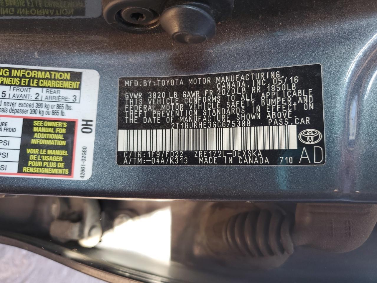 2016 TOYOTA COROLLA