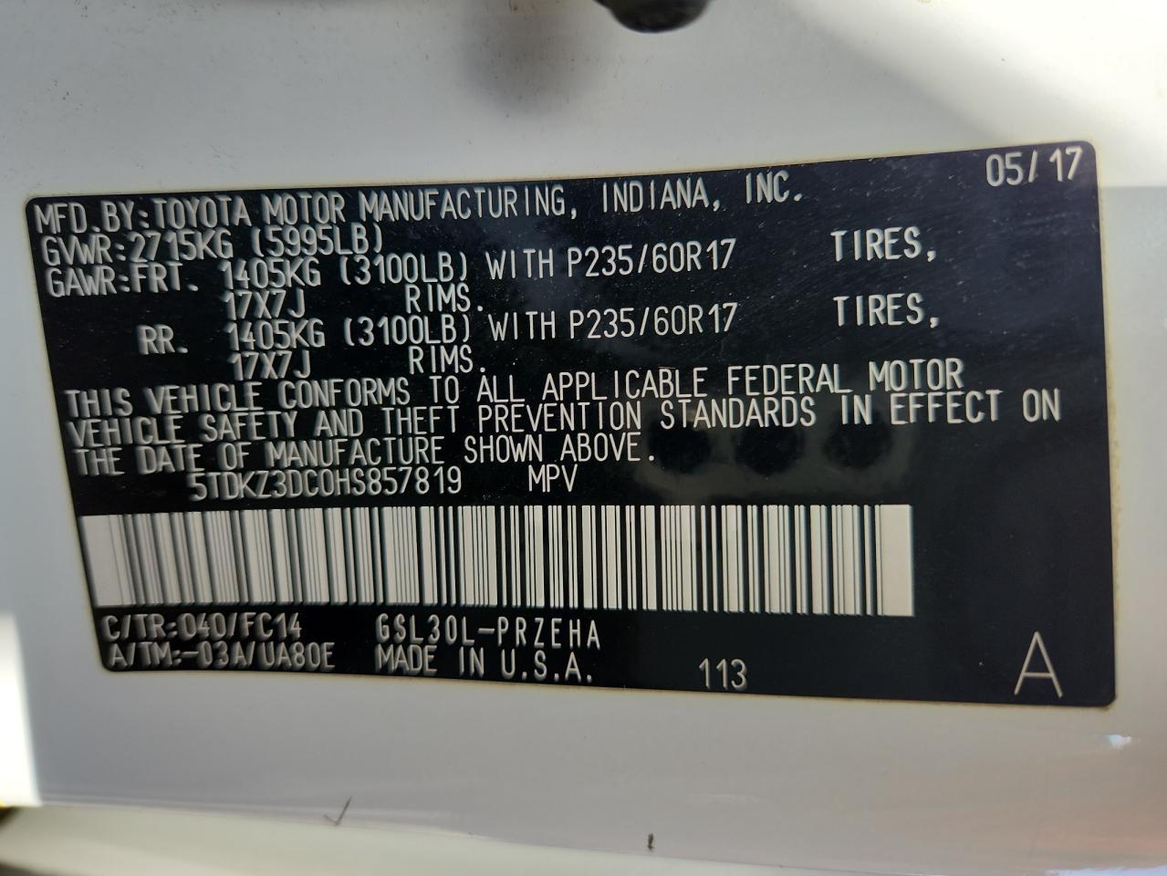 2017 TOYOTA SIENNA