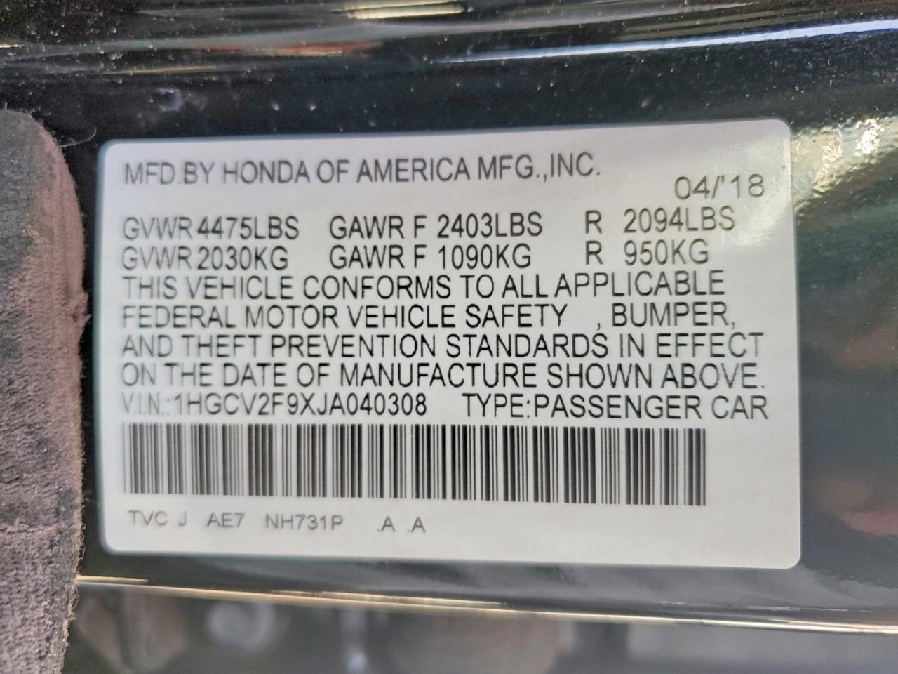 2018 HONDA ACCORD
