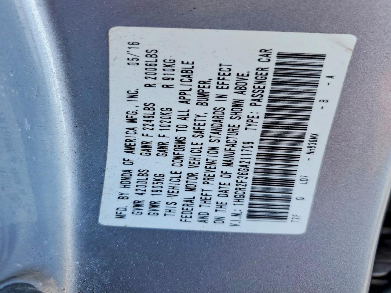 2016 HONDA ACCORD