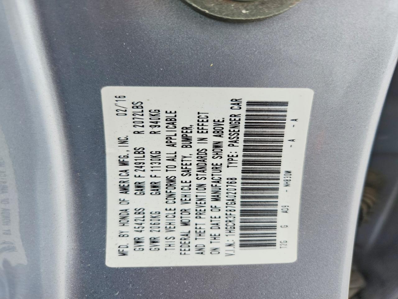 2016 HONDA ACCORD