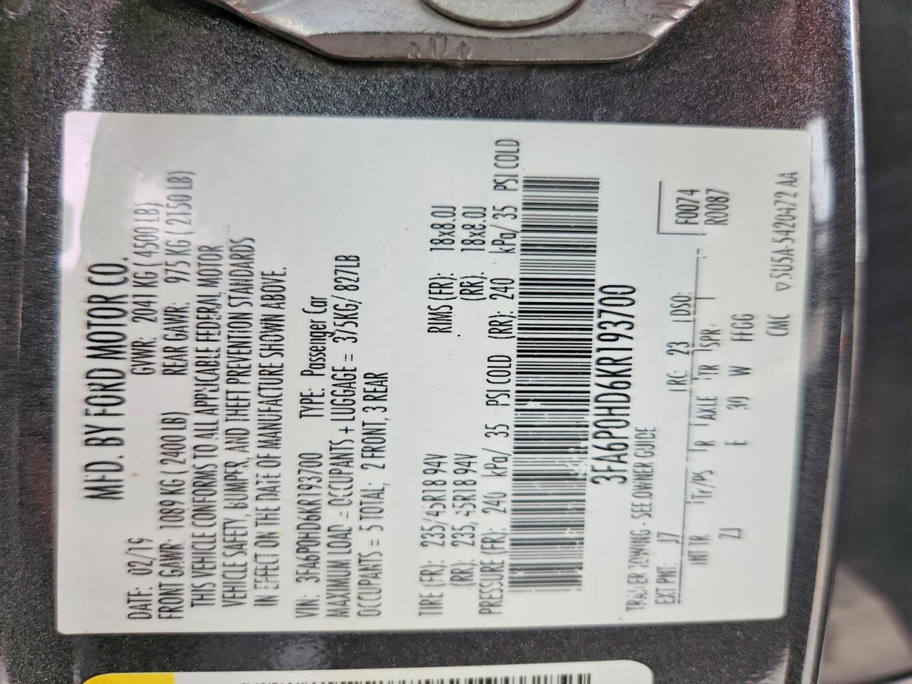 2019 FORD FUSION