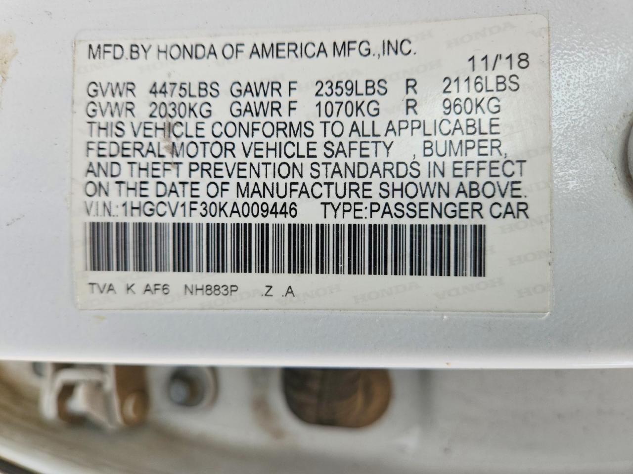 2019 HONDA ACCORD