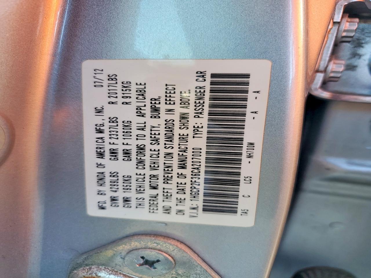 2012 HONDA ACCORD