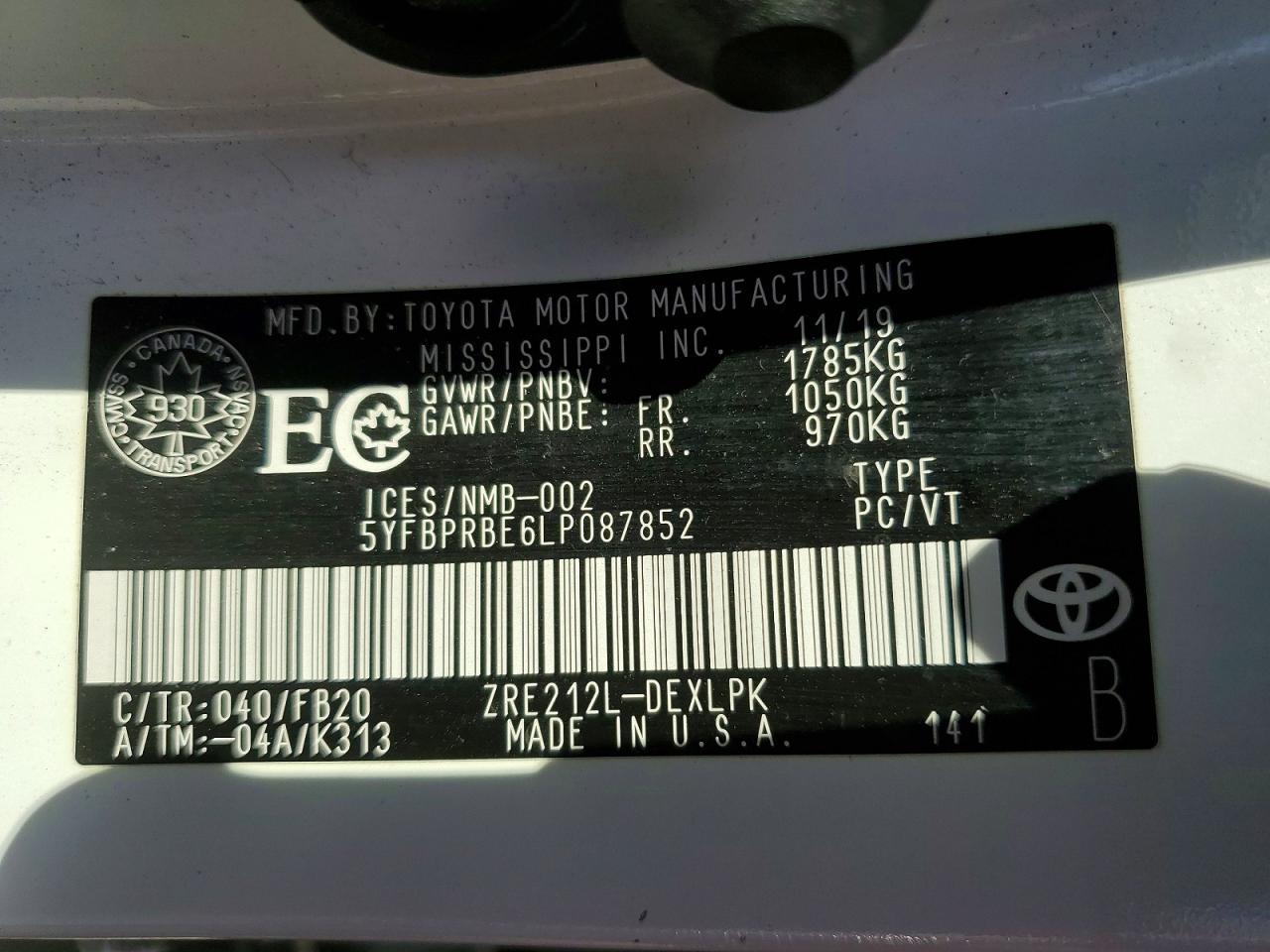 2020 TOYOTA COROLLA