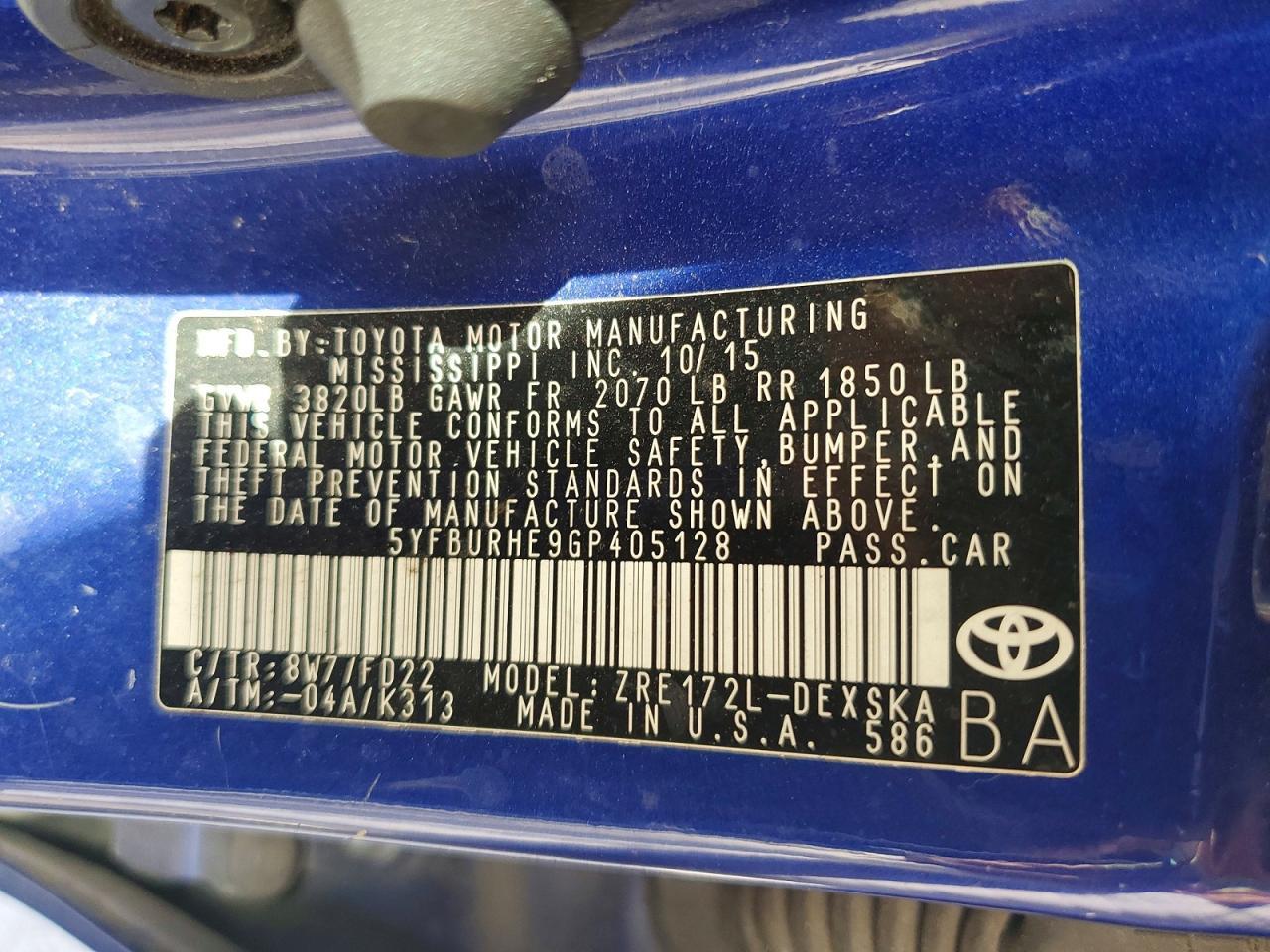 2016 TOYOTA COROLLA