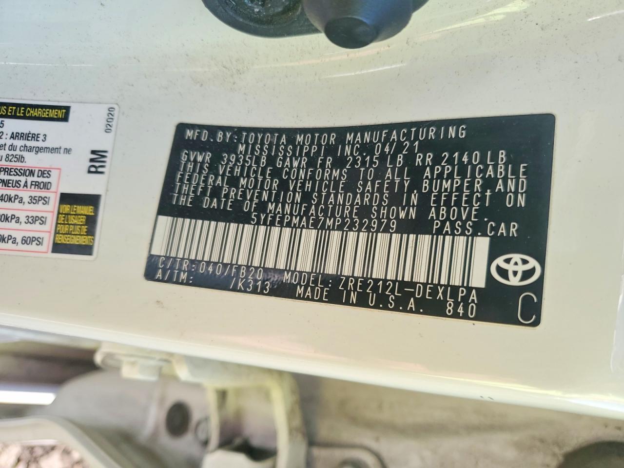 2021 TOYOTA COROLLA