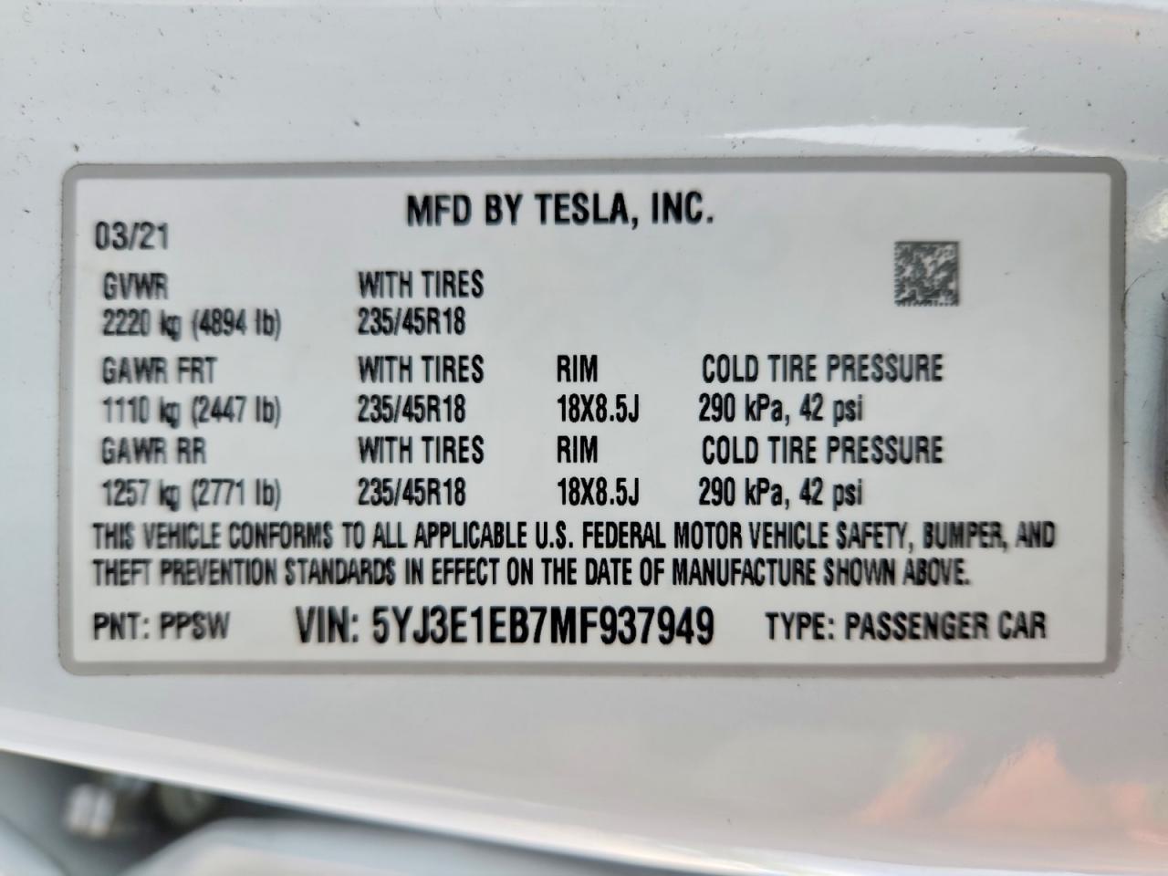 2021 TESLA MODEL 3