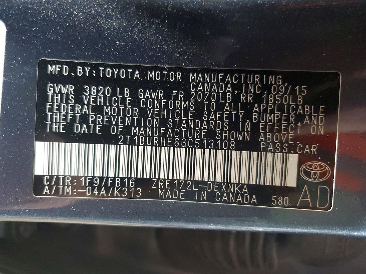 2016 TOYOTA COROLLA