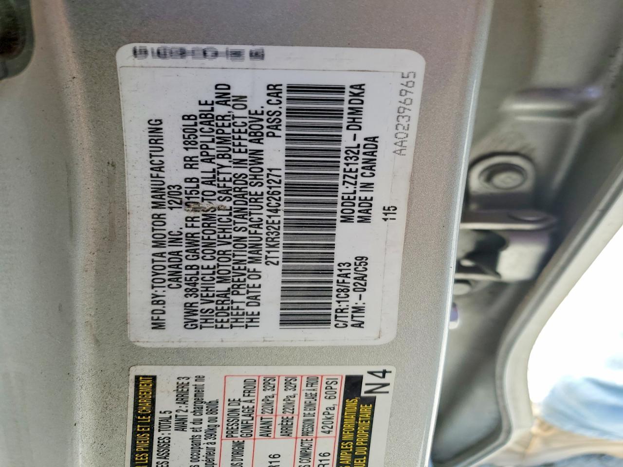 2004 TOYOTA COROLLA
