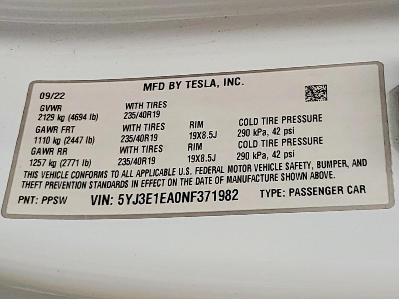 2022 TESLA MODEL 3