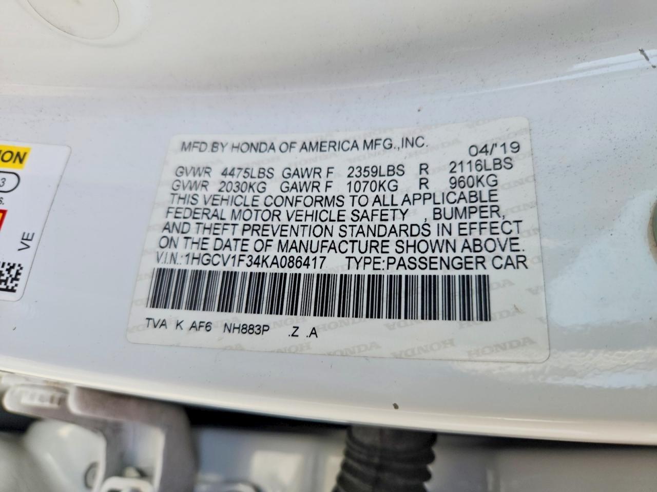 2019 HONDA ACCORD
