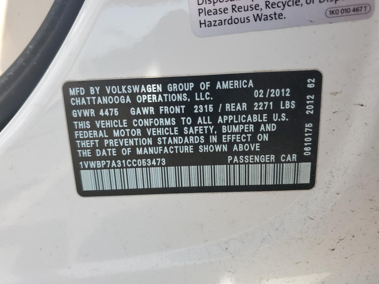 2012 VOLKSWAGEN Passat
