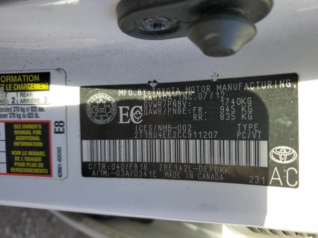 2012 TOYOTA COROLLA