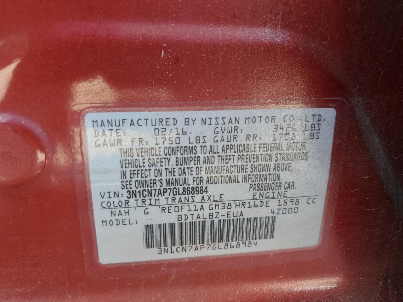 2016 NISSAN VERSA