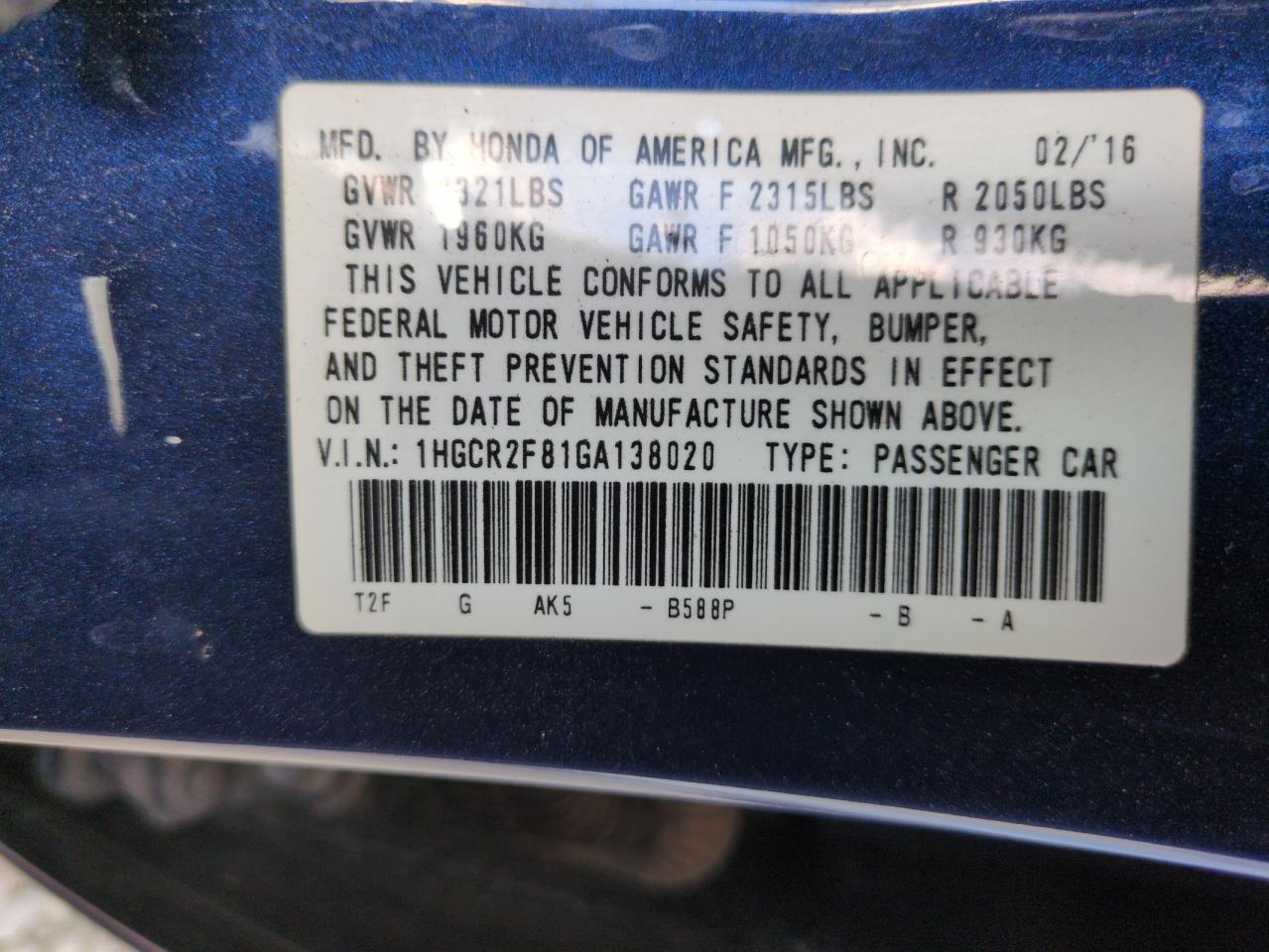 2016 HONDA ACCORD