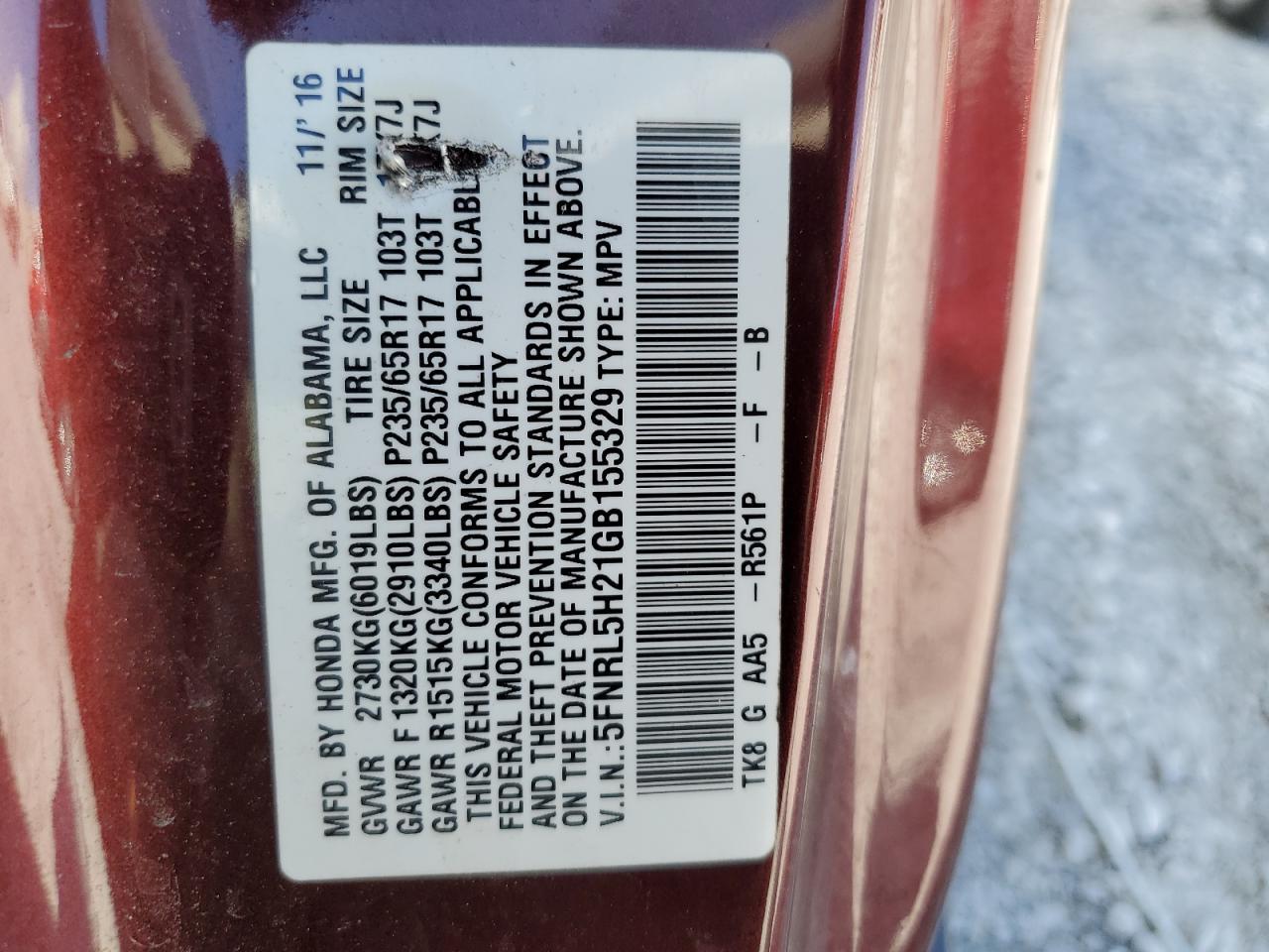 2016 HONDA ODYSSEY