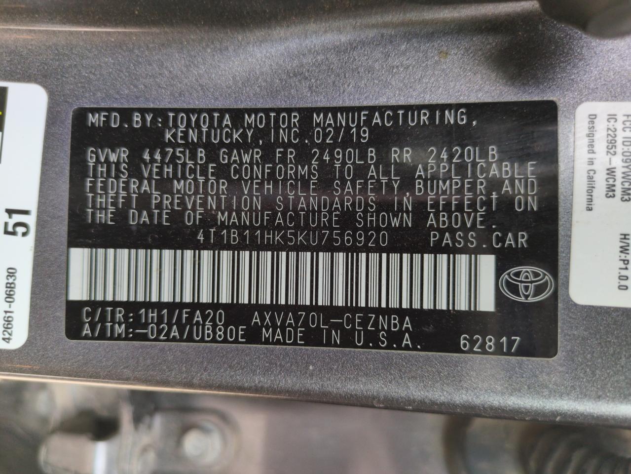 2019 TOYOTA CAMRY