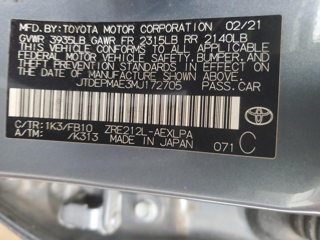 2021 TOYOTA COROLLA