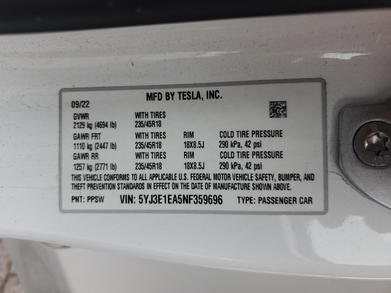 2022 TESLA MODEL 3