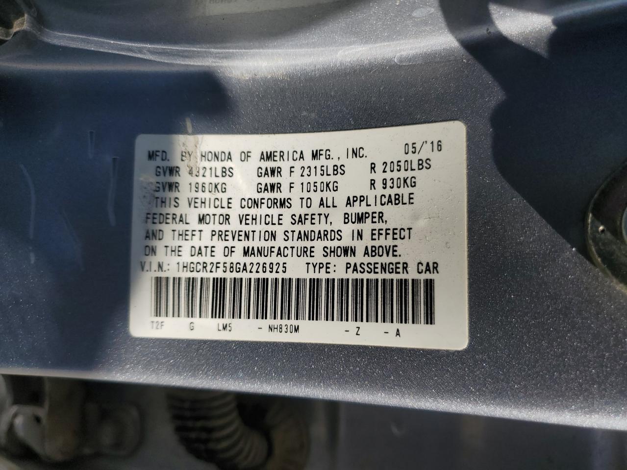 2016 HONDA ACCORD
